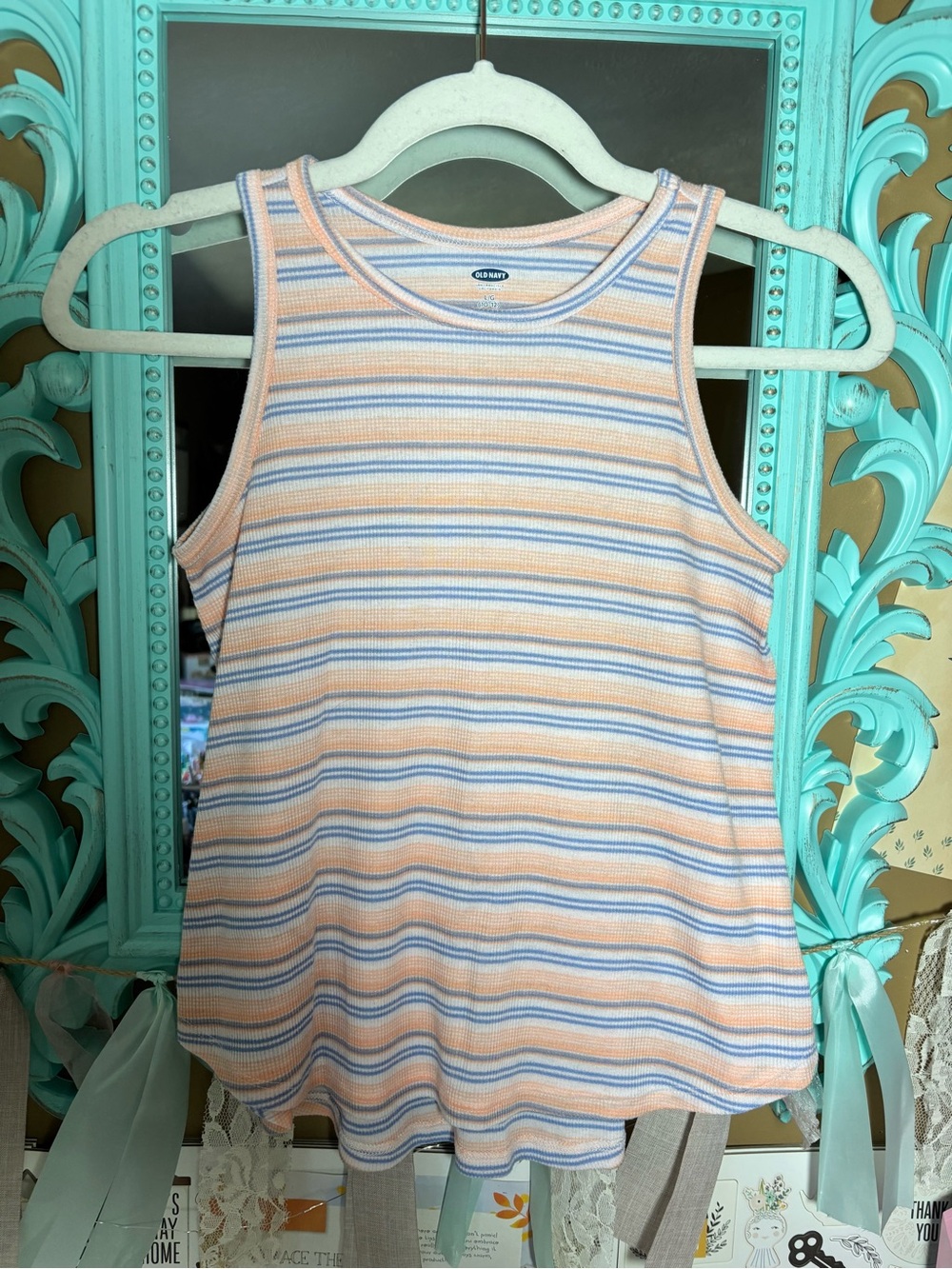 Girl’s Old Navy Striped Loose Fit Tank Top Orange Blue & White Ribbed Sz L 10-12